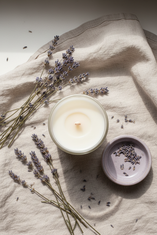 Lavender soy wax candle lifestyle flat lay with dried lavender and linen