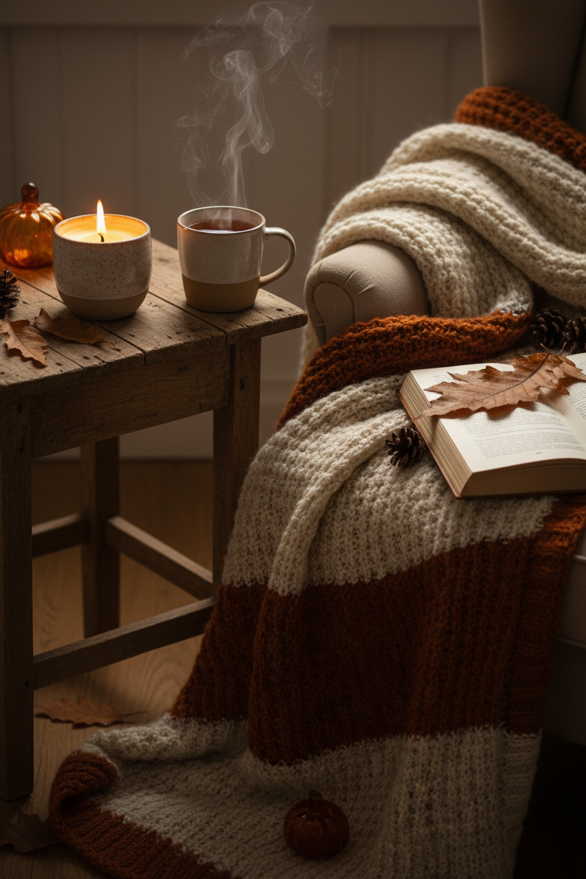 Vanilla soy wax candle burning on a wooden side table with tea and a knitted blanket